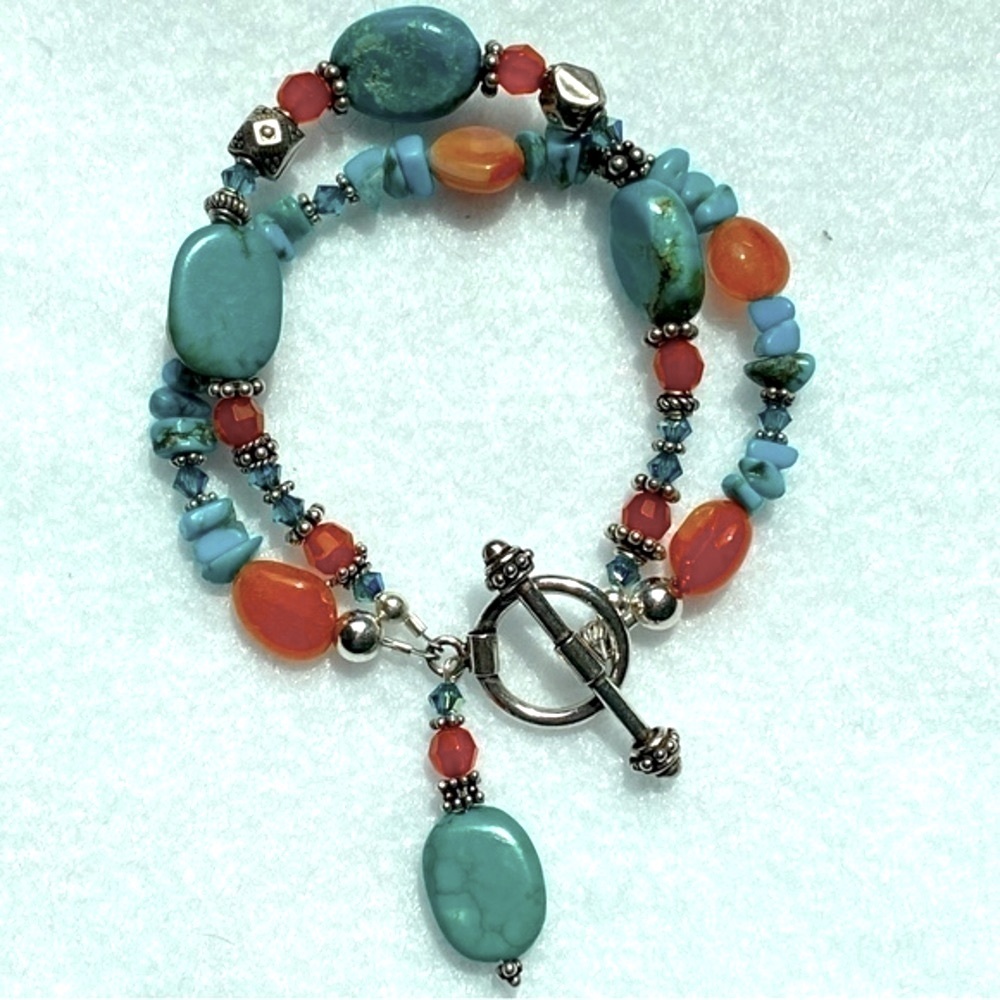Sundance 925 Silver Turquoise Carnelian Southwestern Beaded Layered Bracelet NEW